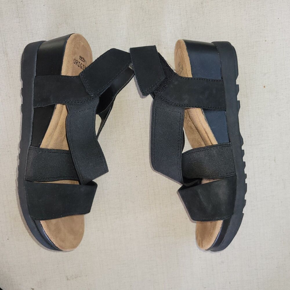 US 9 Earth Origins Black Excellent Carren Leather Strappy Wedge Sandal Classic